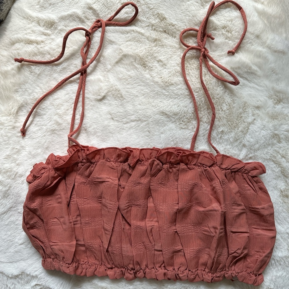 Papermoon Rust Tie-Shoulder Smocked Crop Top